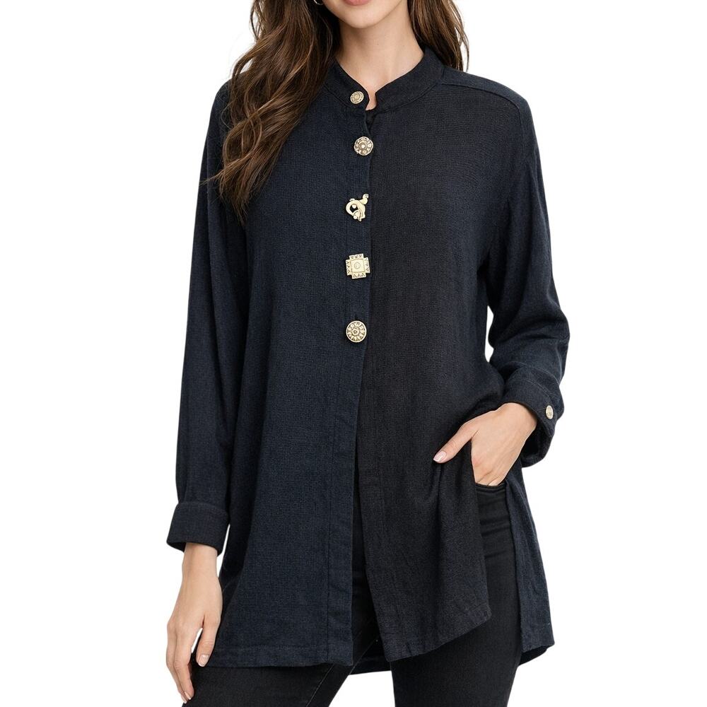 Essay Vintage Size M Tunic Top Flax Blend Button Detail Lagenlook Boho Hippie